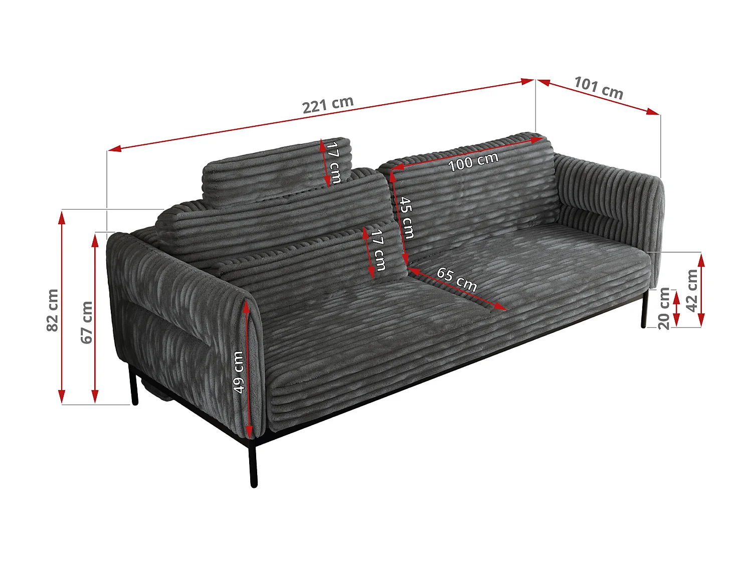 Sofa SALENTO - 3-Sitzer mit Metallbeine, mobile Kopfstütze, Schlafsofa mit lose Kissen - Dunkelgrau Cord