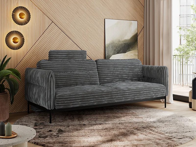 Sofa SALENTO - 3-Sitzer mit Metallbeine, mobile Kopfstütze, Schlafsofa mit lose Kissen - Dunkelgrau Cord