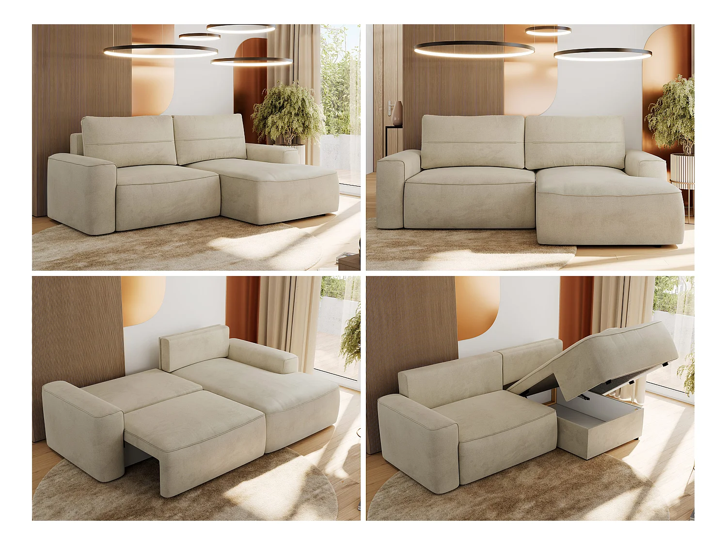 Ecksofa BELLUNO - Schlafsofa mit Bettkasten, Armlehnen, Couch L-form mit Schlaffunktion - Beige Velvet - Ecke Rechts