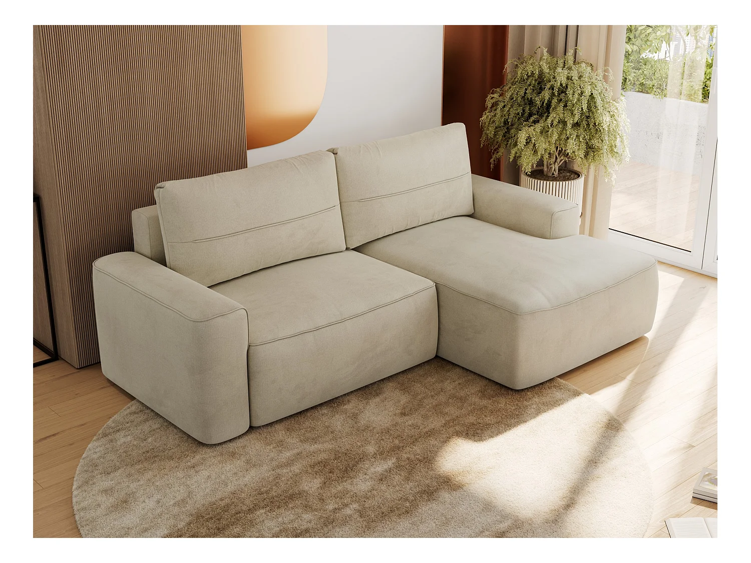 Ecksofa BELLUNO - Schlafsofa mit Bettkasten, Armlehnen, Couch L-form mit Schlaffunktion - Beige Velvet - Ecke Rechts