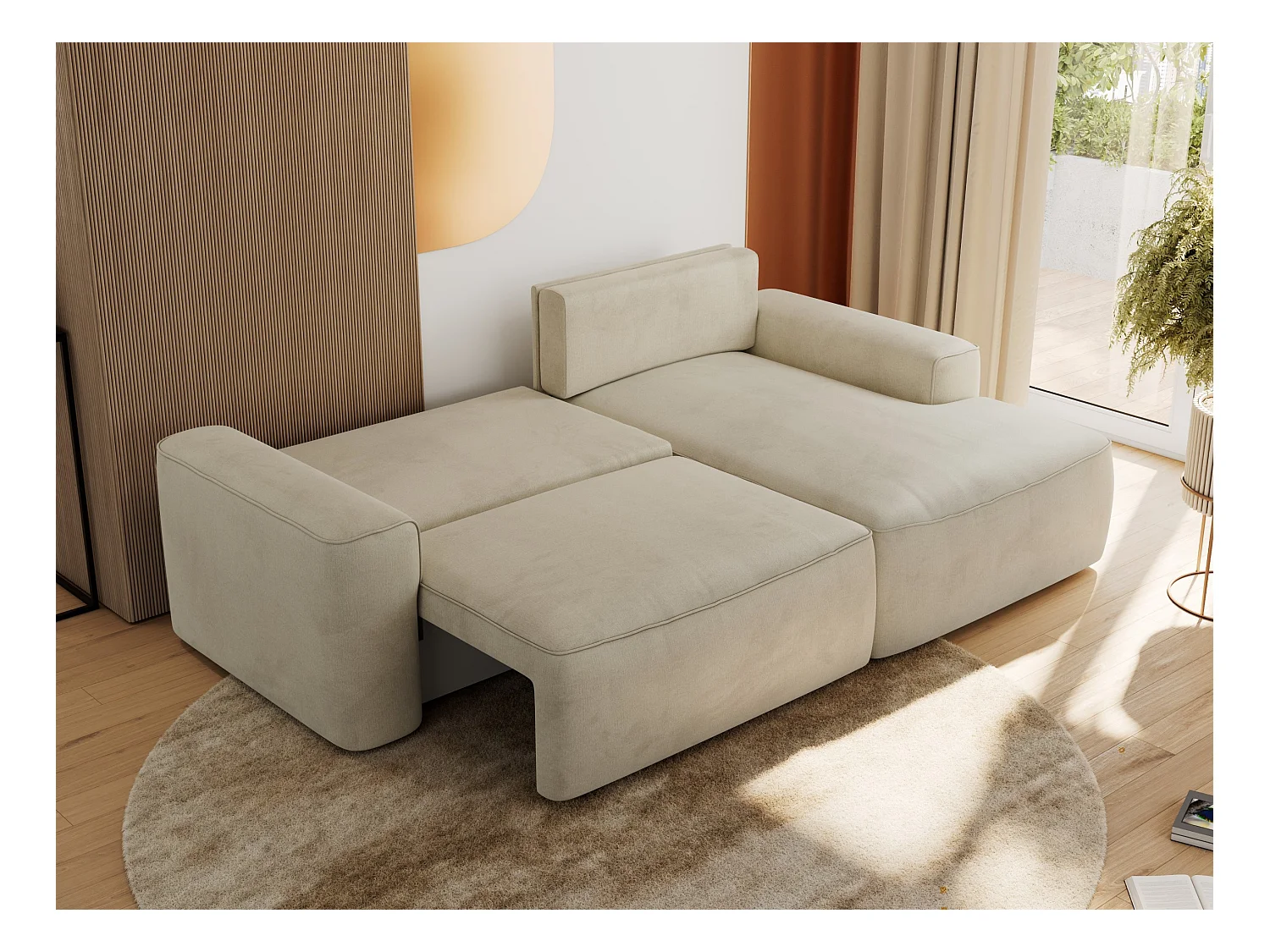 Ecksofa BELLUNO - Schlafsofa mit Bettkasten, Armlehnen, Couch L-form mit Schlaffunktion - Beige Velvet - Ecke Rechts