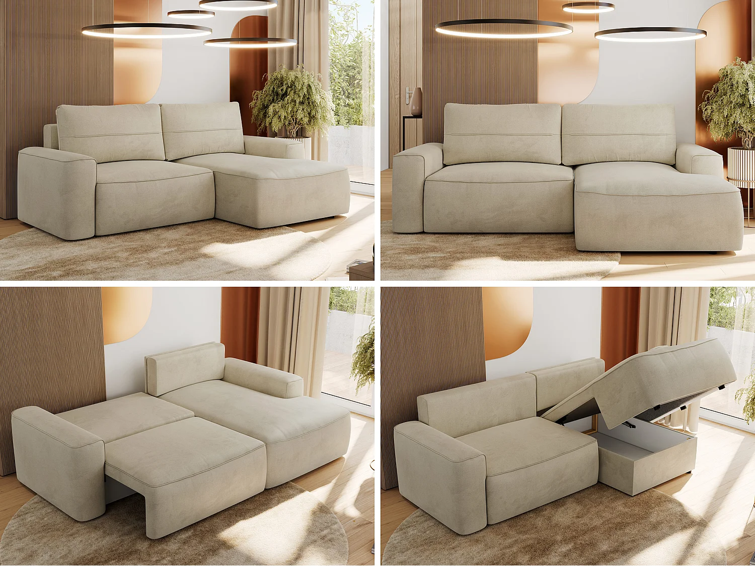 Ecksofa BELLUNO - Schlafsofa mit Bettkasten, Armlehnen, Couch L-form mit Schlaffunktion - Beige Velvet - Ecke Rechts