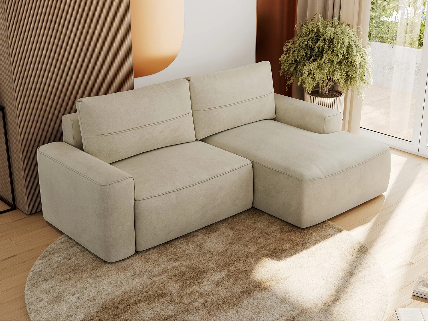 Ecksofa BELLUNO - Schlafsofa mit Bettkasten, Armlehnen, Couch L-form mit Schlaffunktion - Beige Velvet - Ecke Rechts