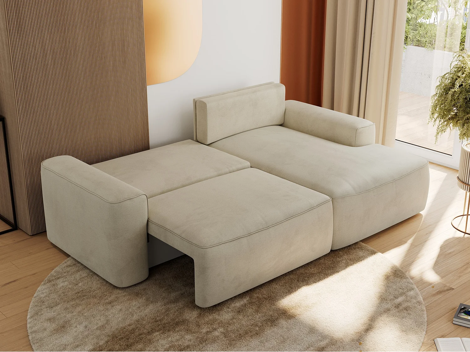 Ecksofa BELLUNO - Schlafsofa mit Bettkasten, Armlehnen, Couch L-form mit Schlaffunktion - Beige Velvet - Ecke Rechts