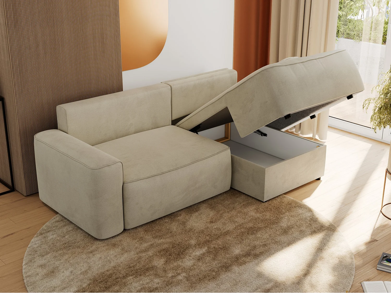 Ecksofa BELLUNO - Schlafsofa mit Bettkasten, Armlehnen, Couch L-form mit Schlaffunktion - Beige Velvet - Ecke Rechts