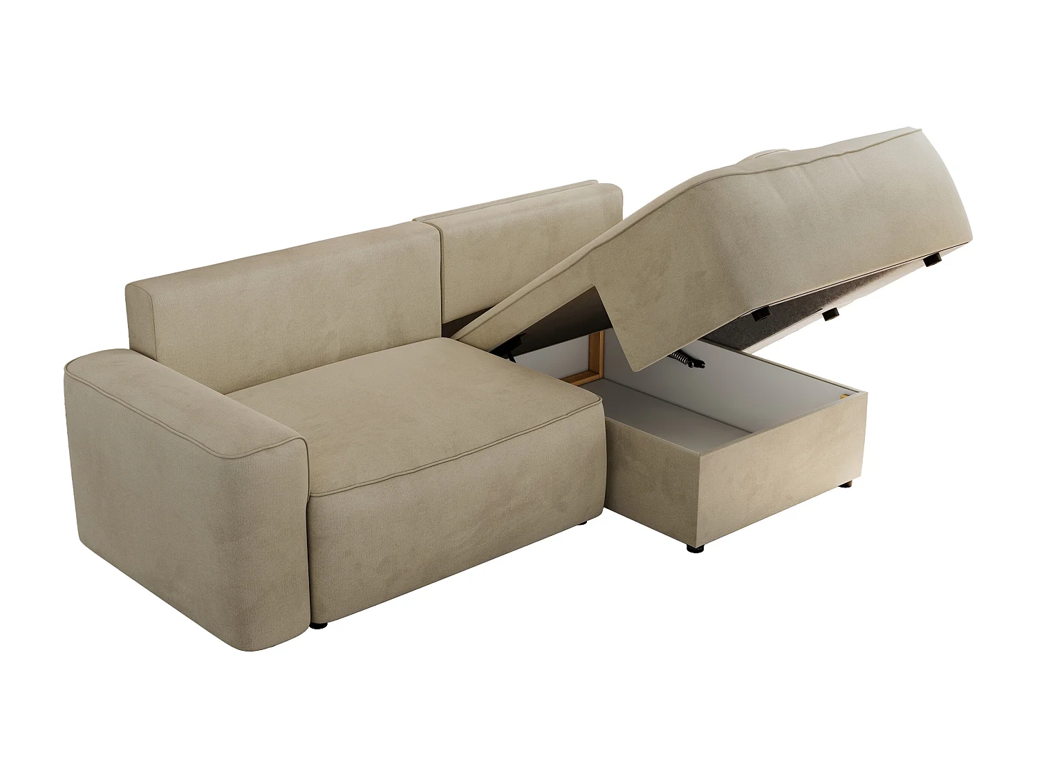 Ecksofa BELLUNO - Schlafsofa mit Bettkasten, Armlehnen, Couch L-form mit Schlaffunktion - Beige Velvet - Ecke Rechts