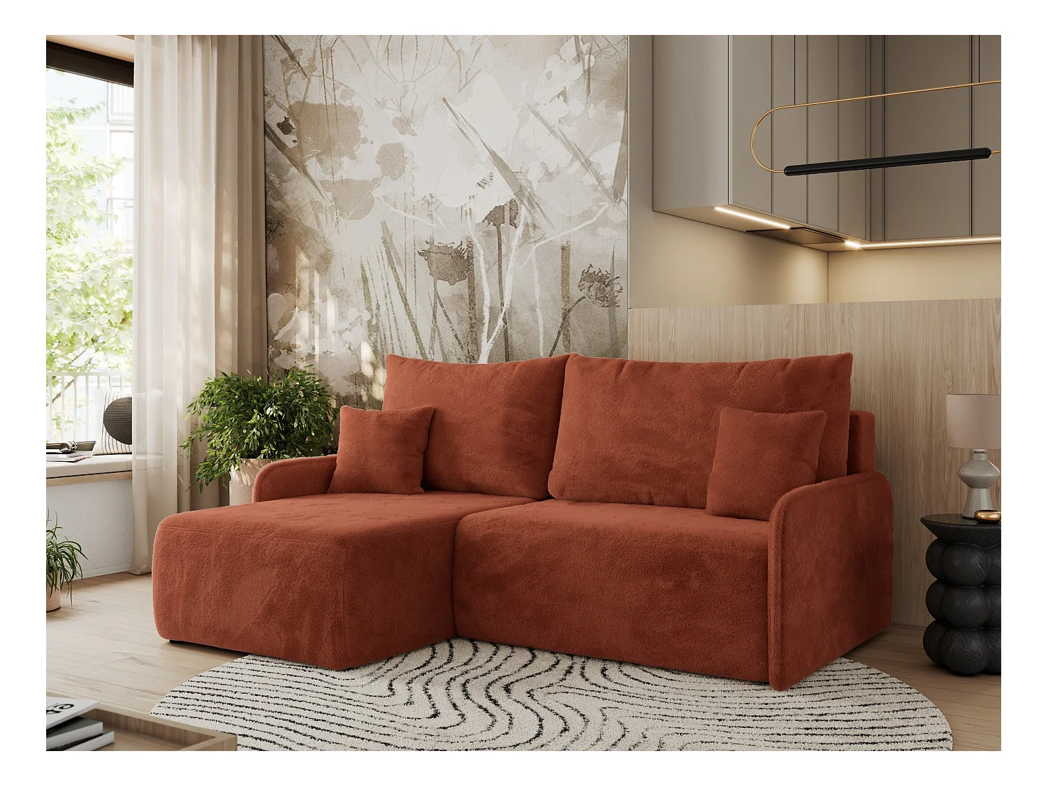 Ecksofa ARPA - L-form Schlaffsofa, Bettkasten und lose Kissen, Armlehnen - Orange Plüsch - Ecke Links