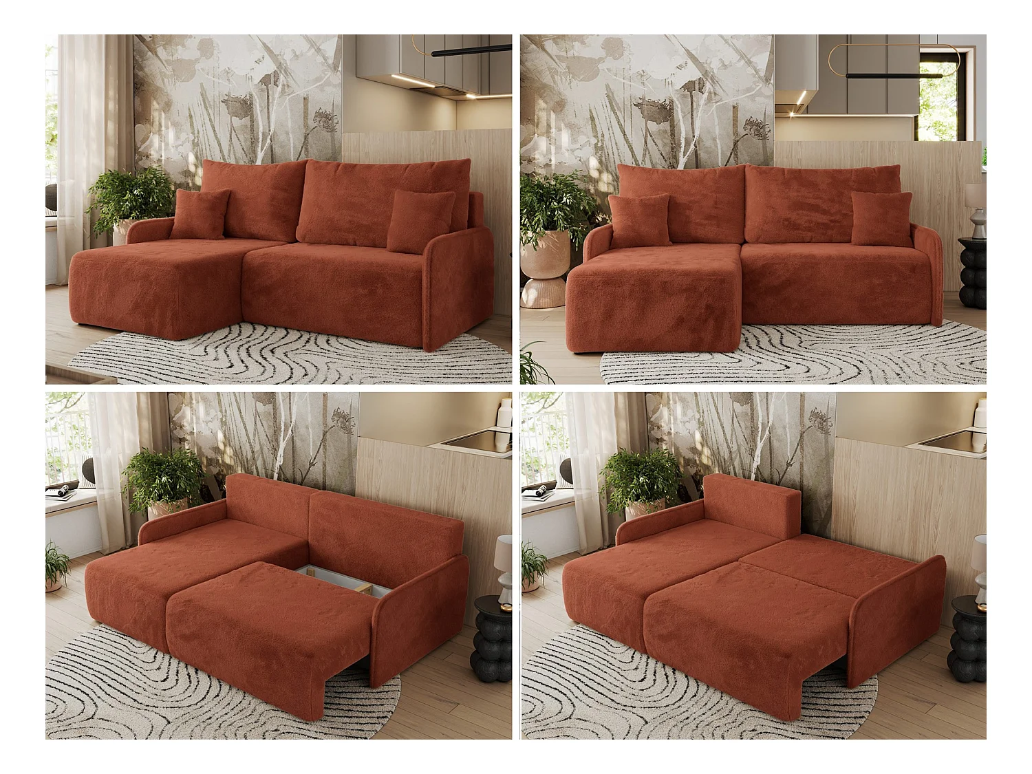 Ecksofa ARPA - L-form Schlaffsofa, Bettkasten und lose Kissen, Armlehnen - Orange Plüsch - Ecke Links