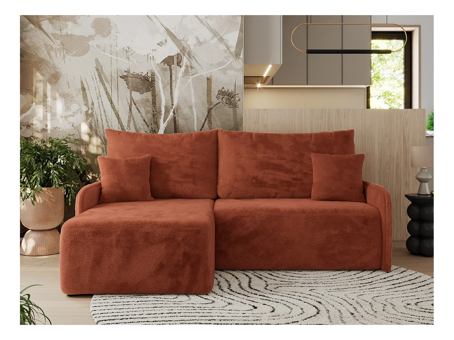 Ecksofa ARPA - L-form Schlaffsofa, Bettkasten und lose Kissen, Armlehnen - Orange Plüsch - Ecke Links