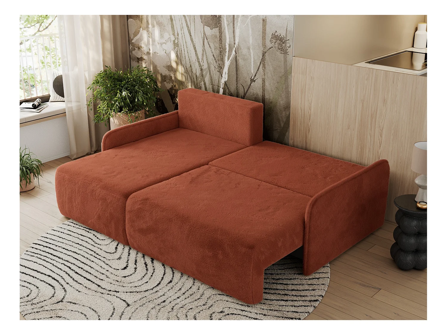 Ecksofa ARPA - L-form Schlaffsofa, Bettkasten und lose Kissen, Armlehnen - Orange Plüsch - Ecke Links