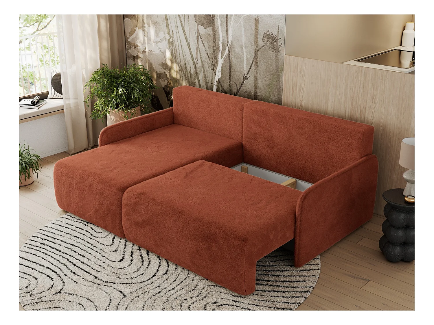 Ecksofa ARPA - L-form Schlaffsofa, Bettkasten und lose Kissen, Armlehnen - Orange Plüsch - Ecke Links
