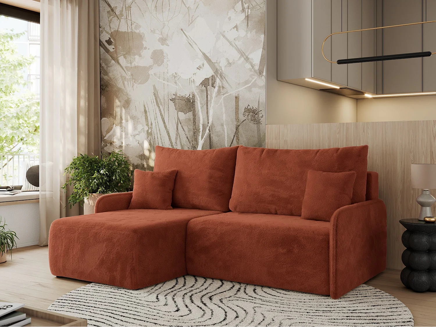 Ecksofa ARPA - L-form Schlaffsofa, Bettkasten und lose Kissen, Armlehnen - Orange Plüsch - Ecke Links