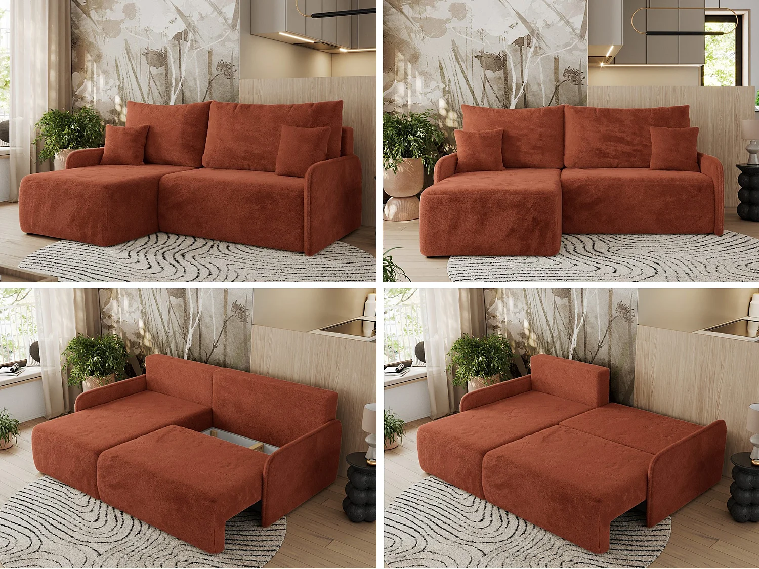 Ecksofa ARPA - L-form Schlaffsofa, Bettkasten und lose Kissen, Armlehnen - Orange Plüsch - Ecke Links
