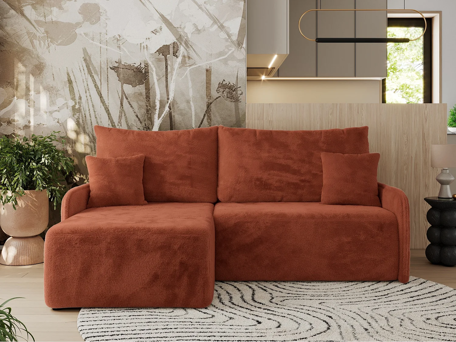 Ecksofa ARPA - L-form Schlaffsofa, Bettkasten und lose Kissen, Armlehnen - Orange Plüsch - Ecke Links