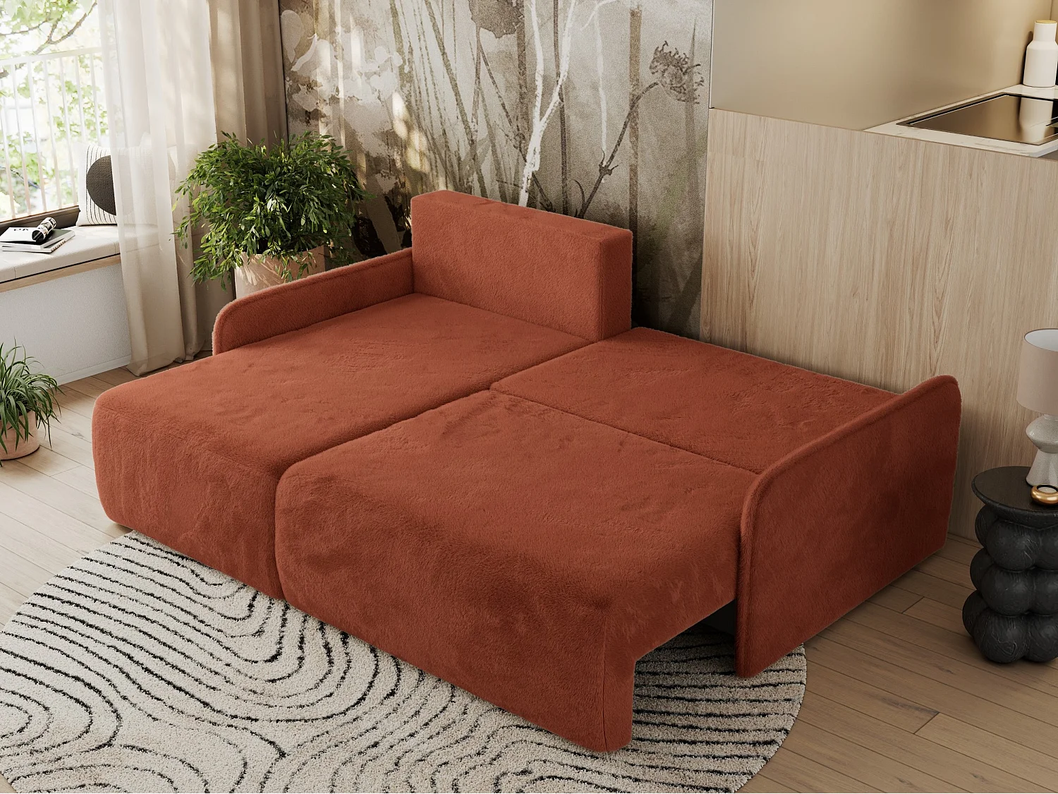 Ecksofa ARPA - L-form Schlaffsofa, Bettkasten und lose Kissen, Armlehnen - Orange Plüsch - Ecke Links