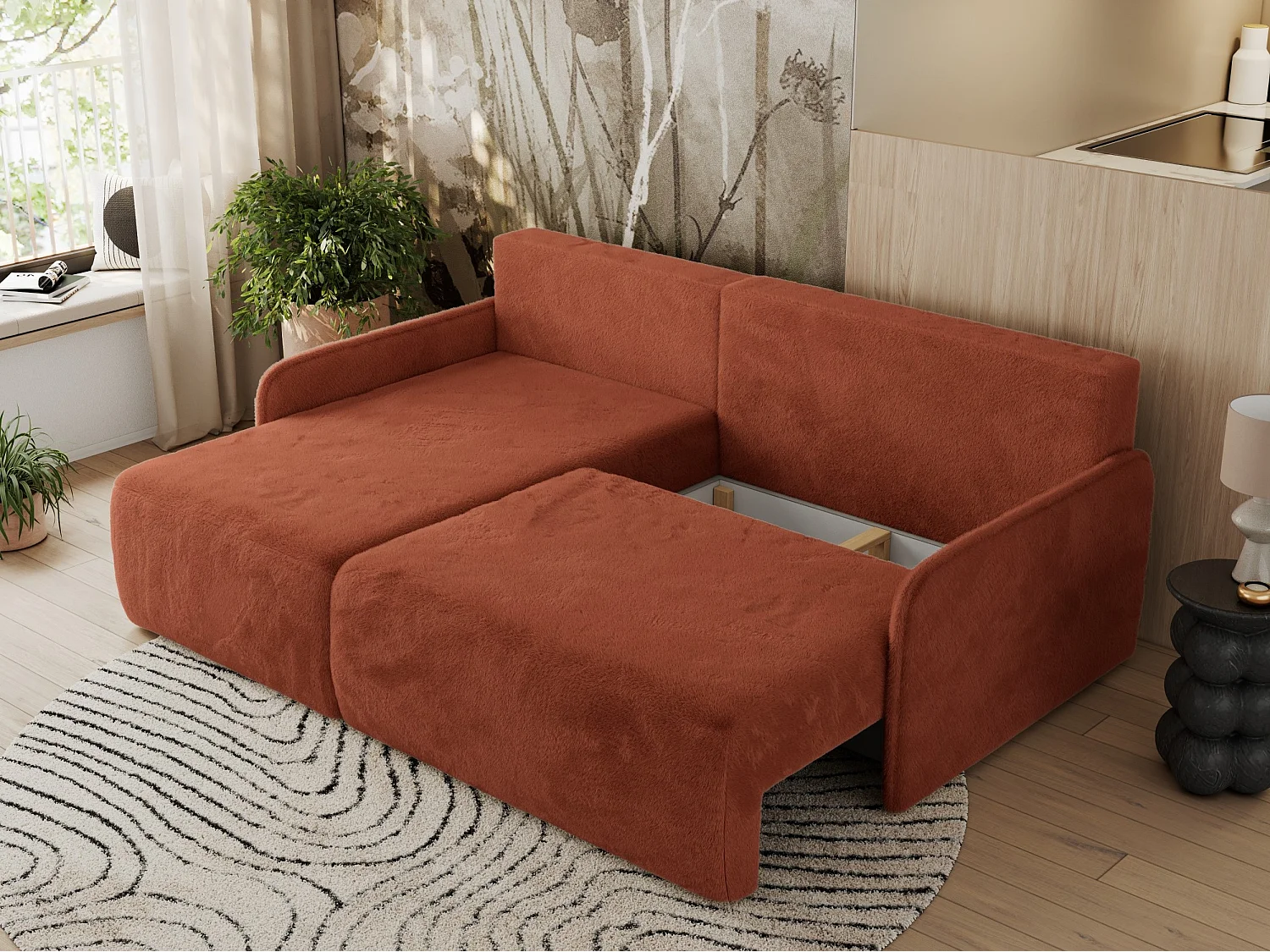 Ecksofa ARPA - L-form Schlaffsofa, Bettkasten und lose Kissen, Armlehnen - Orange Plüsch - Ecke Links