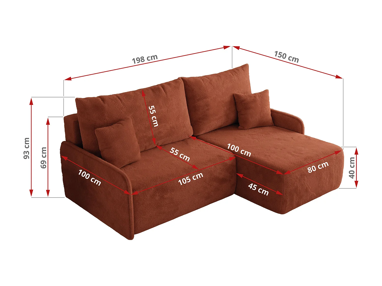 Ecksofa ARPA - L-form Schlaffsofa, Bettkasten und lose Kissen, Armlehnen - Orange Plüsch - Ecke Links
