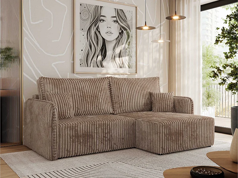 Ecksofa MESTO - Schlaffunktion und Bettkasten, L-form Couch für das Wohnzimmer, Armlehnen - Braun Cord - Ecke Rechts