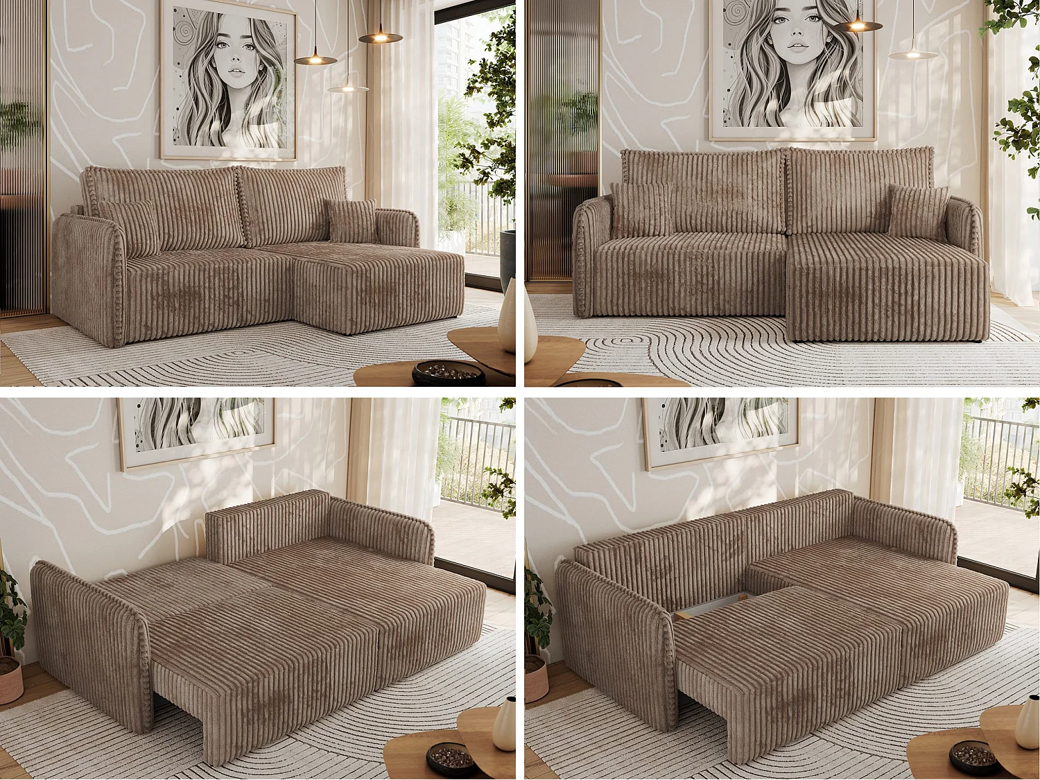Ecksofa MESTO - Schlaffunktion und Bettkasten, L-form Couch für das Wohnzimmer, Armlehnen - Braun Cord - Ecke Rechts