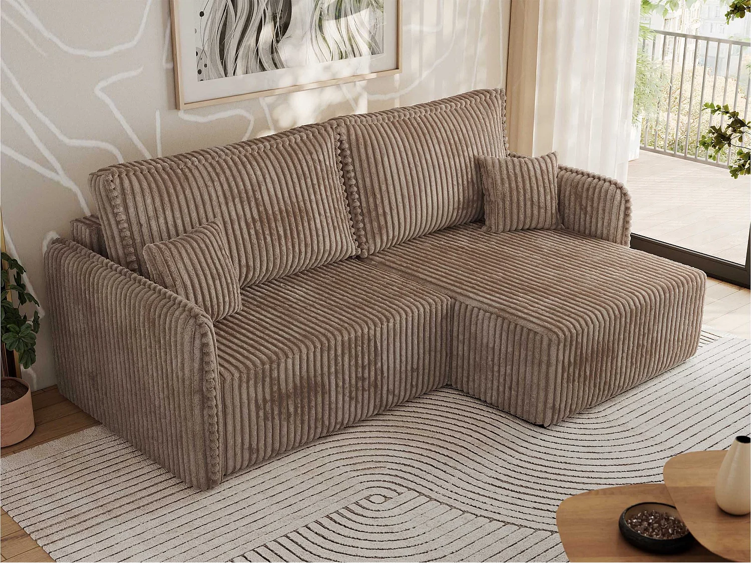 Ecksofa MESTO - Schlaffunktion und Bettkasten, L-form Couch für das Wohnzimmer, Armlehnen - Braun Cord - Ecke Rechts