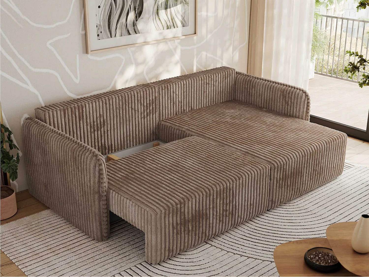 Ecksofa MESTO - Schlaffunktion und Bettkasten, L-form Couch für das Wohnzimmer, Armlehnen - Braun Cord - Ecke Rechts