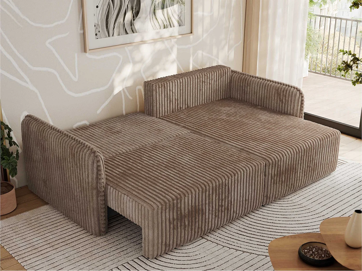 Ecksofa MESTO - Schlaffunktion und Bettkasten, L-form Couch für das Wohnzimmer, Armlehnen - Braun Cord - Ecke Rechts