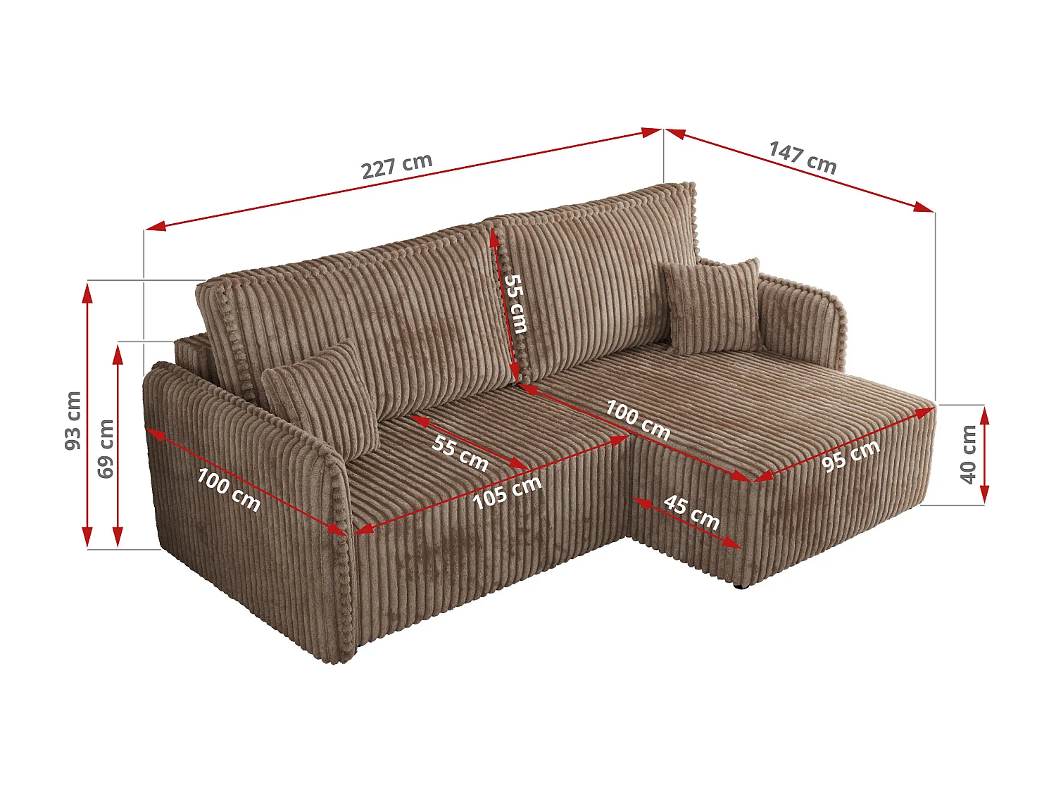 Ecksofa MESTO - Schlaffunktion und Bettkasten, L-form Couch für das Wohnzimmer, Armlehnen - Braun Cord - Ecke Rechts
