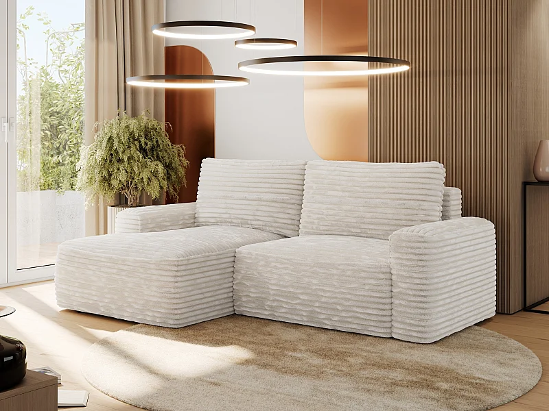 Ecksofa BELLUNO - Schlafsofa mit Bettkasten, Armlehnen, Couch L-form mit Schlaffunktion - Beige Cord - Ecke Links