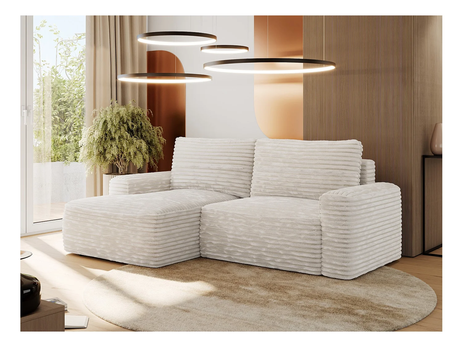 Ecksofa BELLUNO - Schlafsofa mit Bettkasten, Armlehnen, Couch L-form mit Schlaffunktion - Beige Cord - Ecke Links