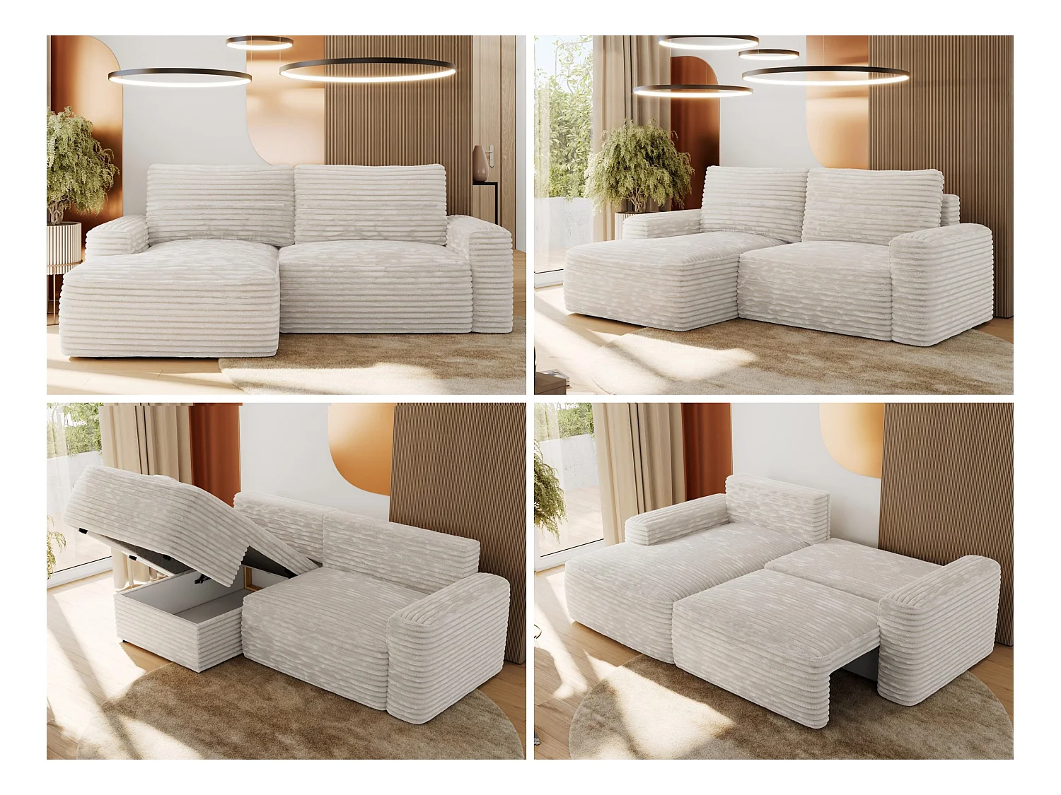 Ecksofa BELLUNO - Schlafsofa mit Bettkasten, Armlehnen, Couch L-form mit Schlaffunktion - Beige Cord - Ecke Links