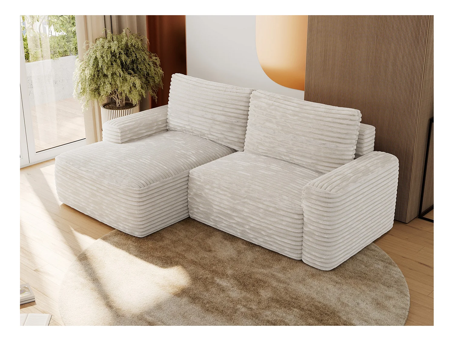 Ecksofa BELLUNO - Schlafsofa mit Bettkasten, Armlehnen, Couch L-form mit Schlaffunktion - Beige Cord - Ecke Links