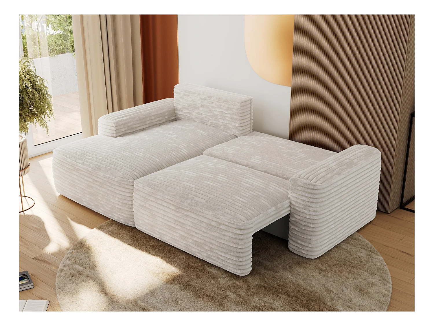 Ecksofa BELLUNO - Schlafsofa mit Bettkasten, Armlehnen, Couch L-form mit Schlaffunktion - Beige Cord - Ecke Links