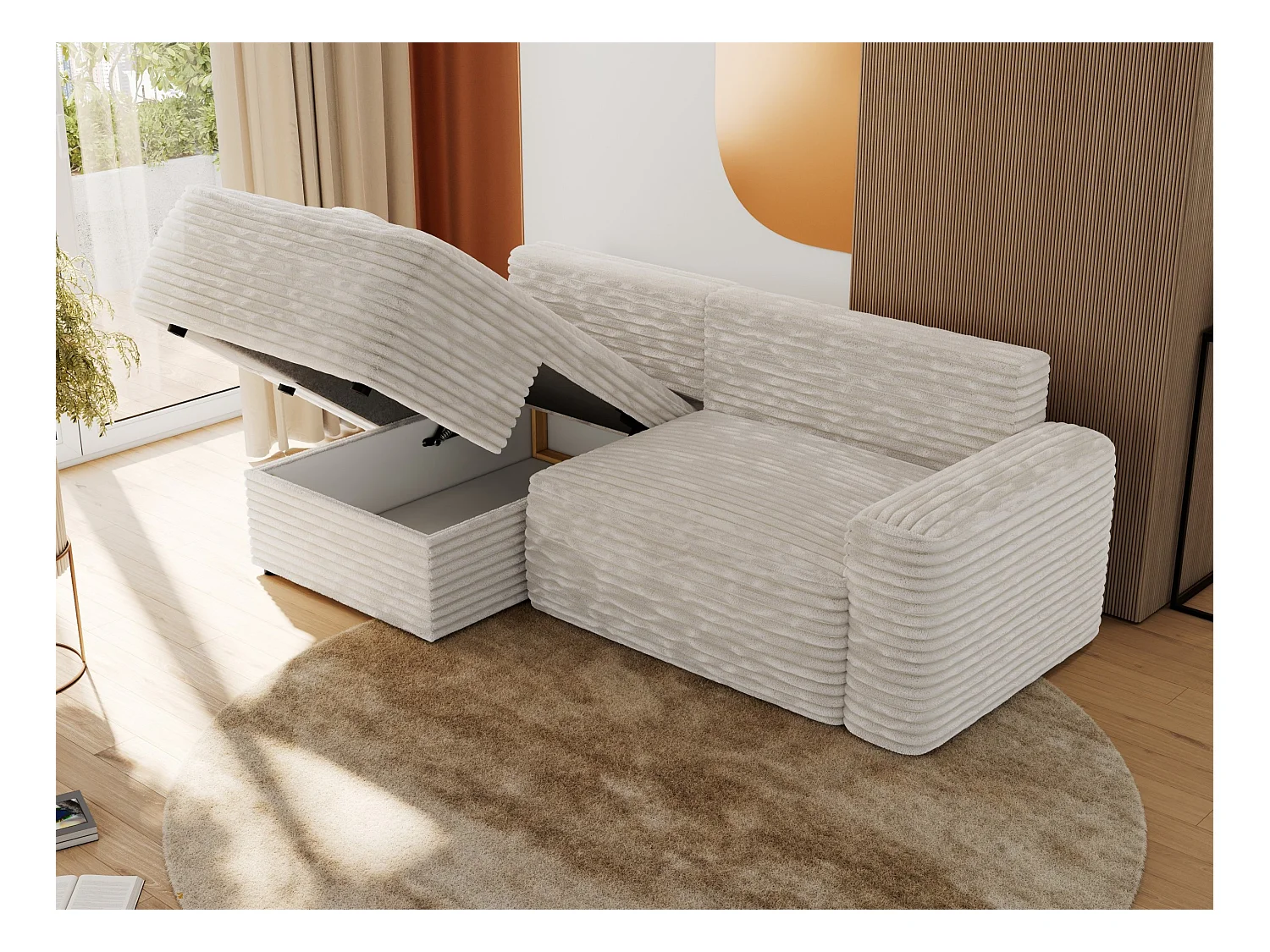 Ecksofa BELLUNO - Schlafsofa mit Bettkasten, Armlehnen, Couch L-form mit Schlaffunktion - Beige Cord - Ecke Links