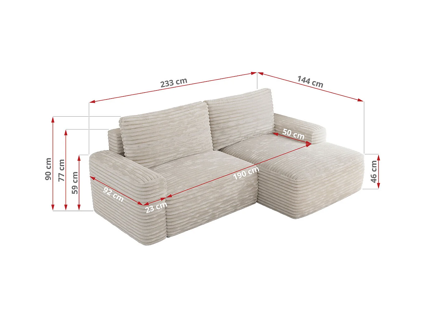 Ecksofa BELLUNO - Schlafsofa mit Bettkasten, Armlehnen, Couch L-form mit Schlaffunktion - Beige Cord - Ecke Links