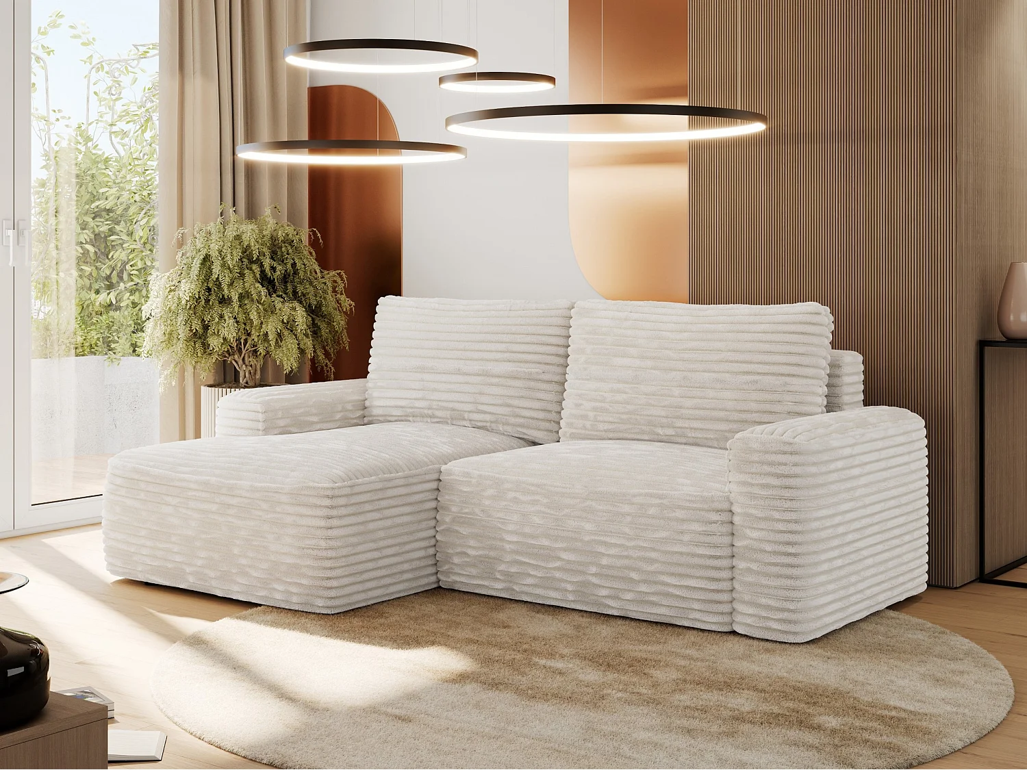 Ecksofa BELLUNO - Schlafsofa mit Bettkasten, Armlehnen, Couch L-form mit Schlaffunktion - Beige Cord - Ecke Links