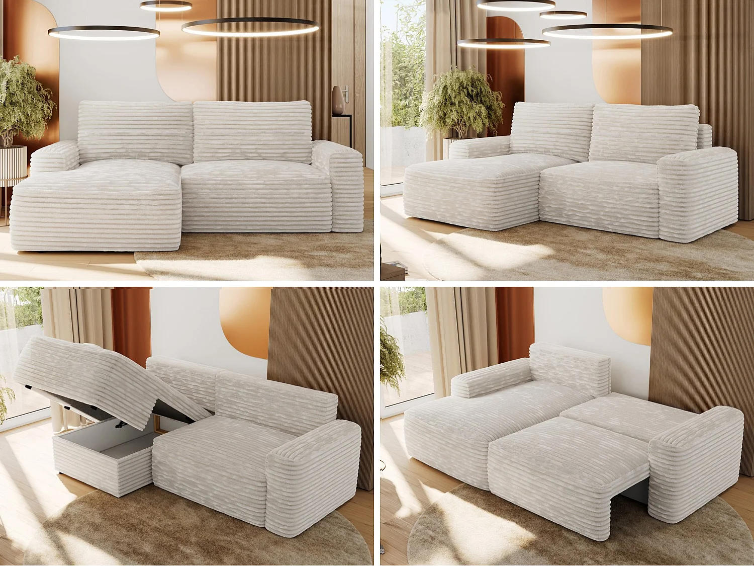 Ecksofa BELLUNO - Schlafsofa mit Bettkasten, Armlehnen, Couch L-form mit Schlaffunktion - Beige Cord - Ecke Links