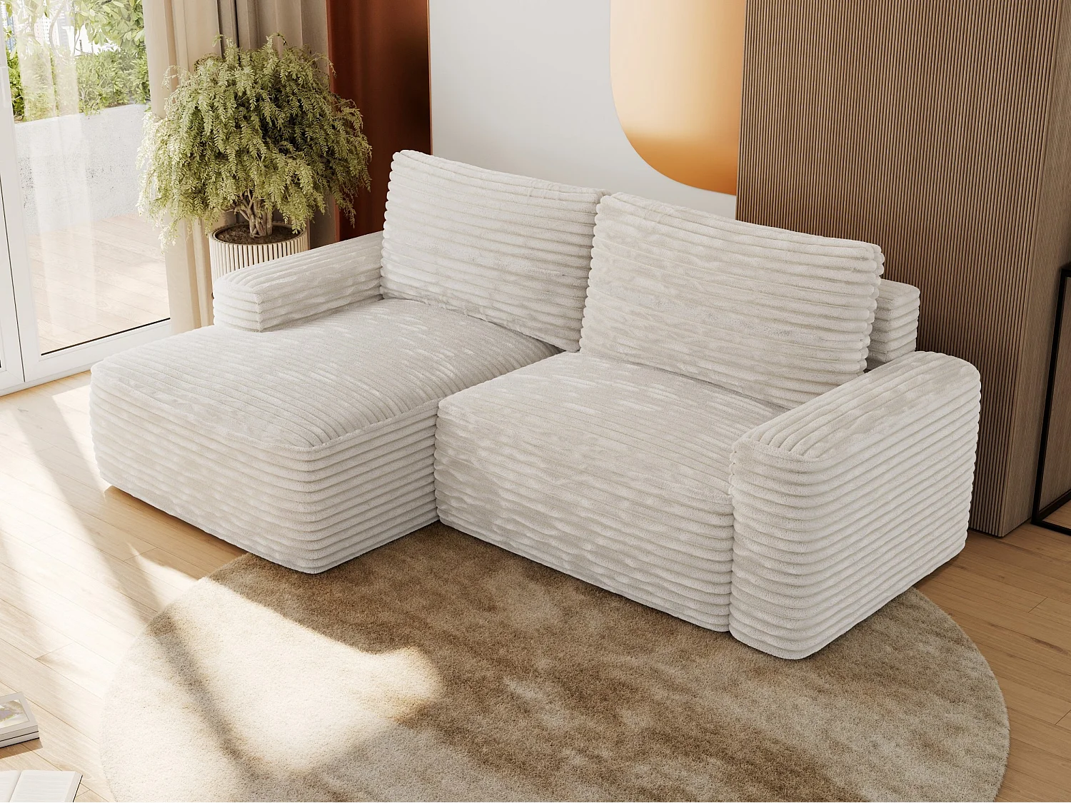 Ecksofa BELLUNO - Schlafsofa mit Bettkasten, Armlehnen, Couch L-form mit Schlaffunktion - Beige Cord - Ecke Links