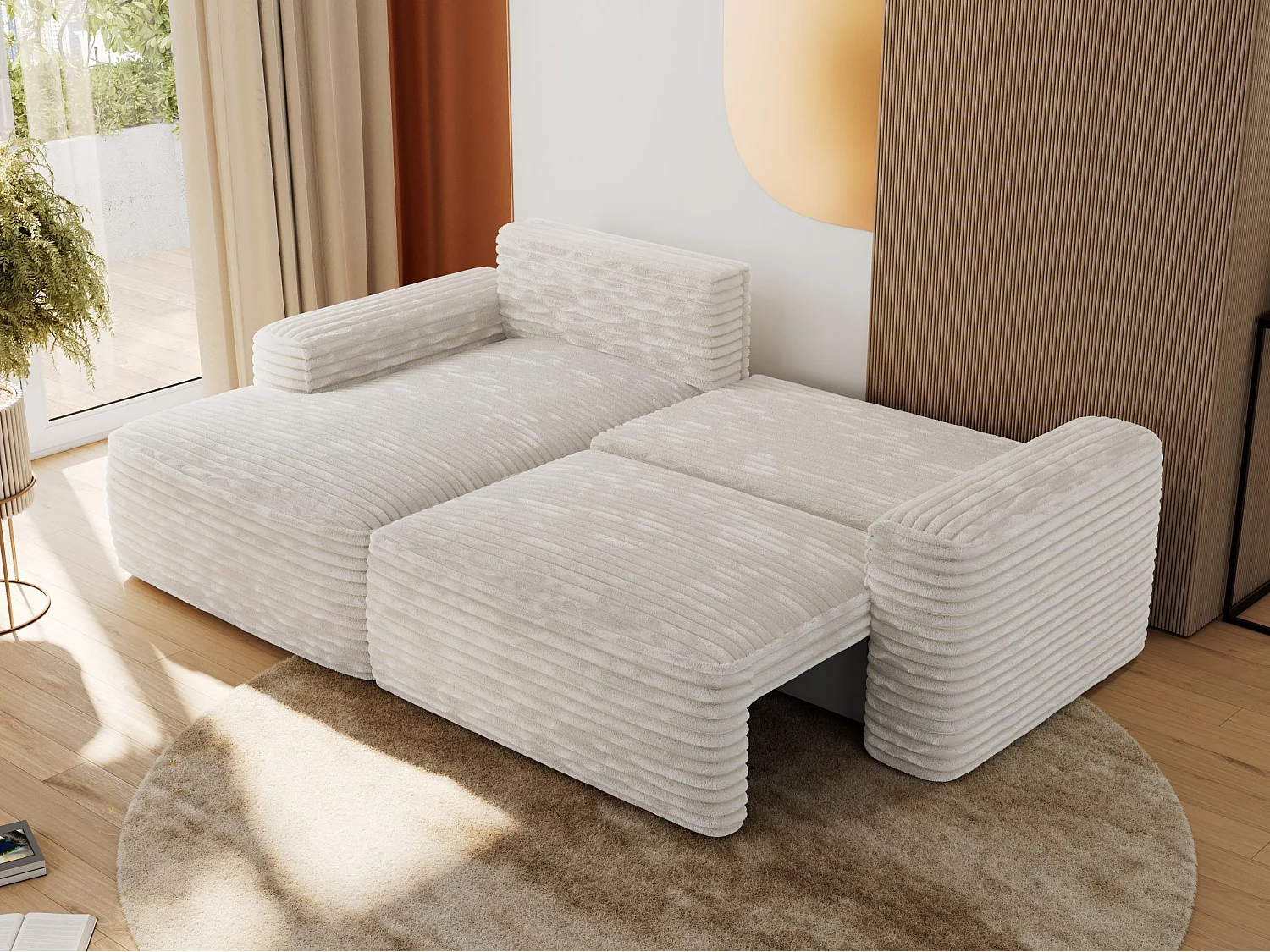 Ecksofa BELLUNO - Schlafsofa mit Bettkasten, Armlehnen, Couch L-form mit Schlaffunktion - Beige Cord - Ecke Links