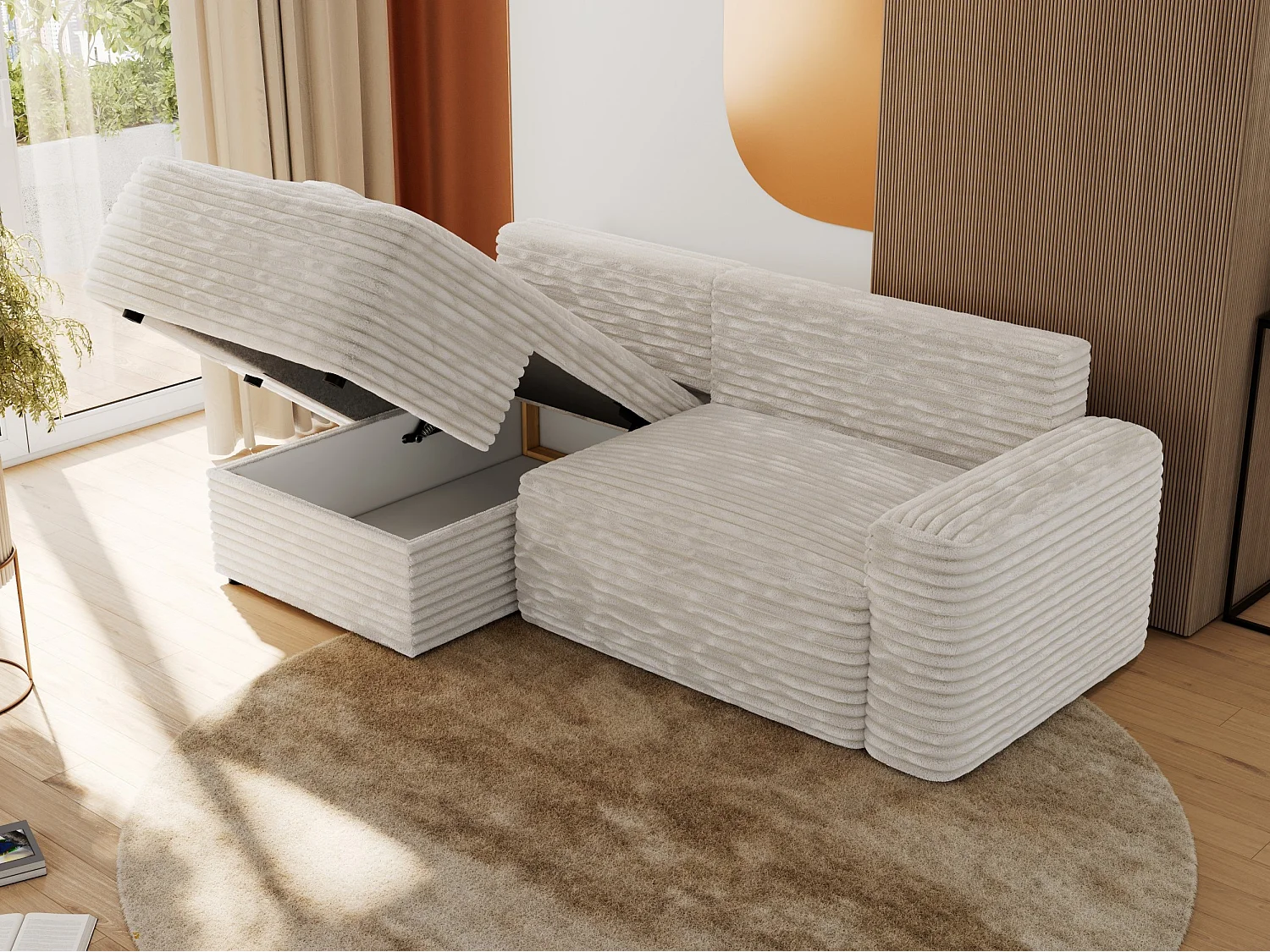 Ecksofa BELLUNO - Schlafsofa mit Bettkasten, Armlehnen, Couch L-form mit Schlaffunktion - Beige Cord - Ecke Links