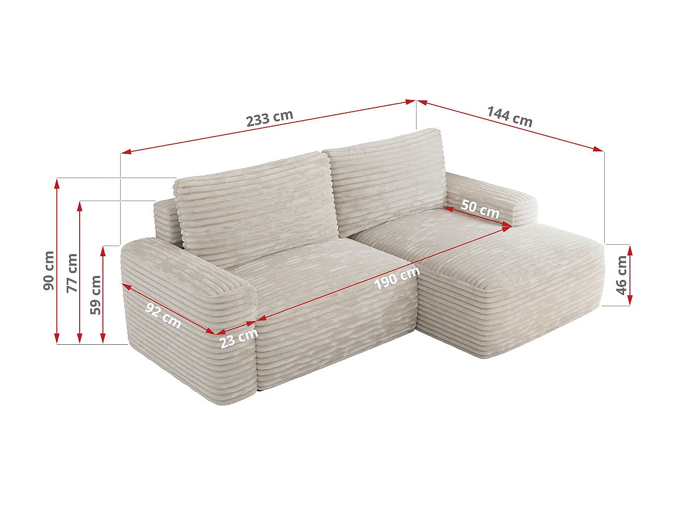 Ecksofa BELLUNO - Schlafsofa mit Bettkasten, Armlehnen, Couch L-form mit Schlaffunktion - Beige Cord - Ecke Links