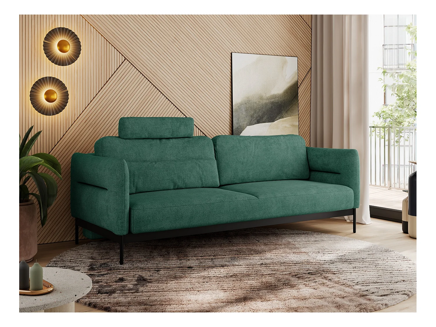 Sofa SALENTO - 3-Sitzer mit Metallbeine, mobile Kopfstütze, Schlafsofa mit lose Kissen - Grün Strukture