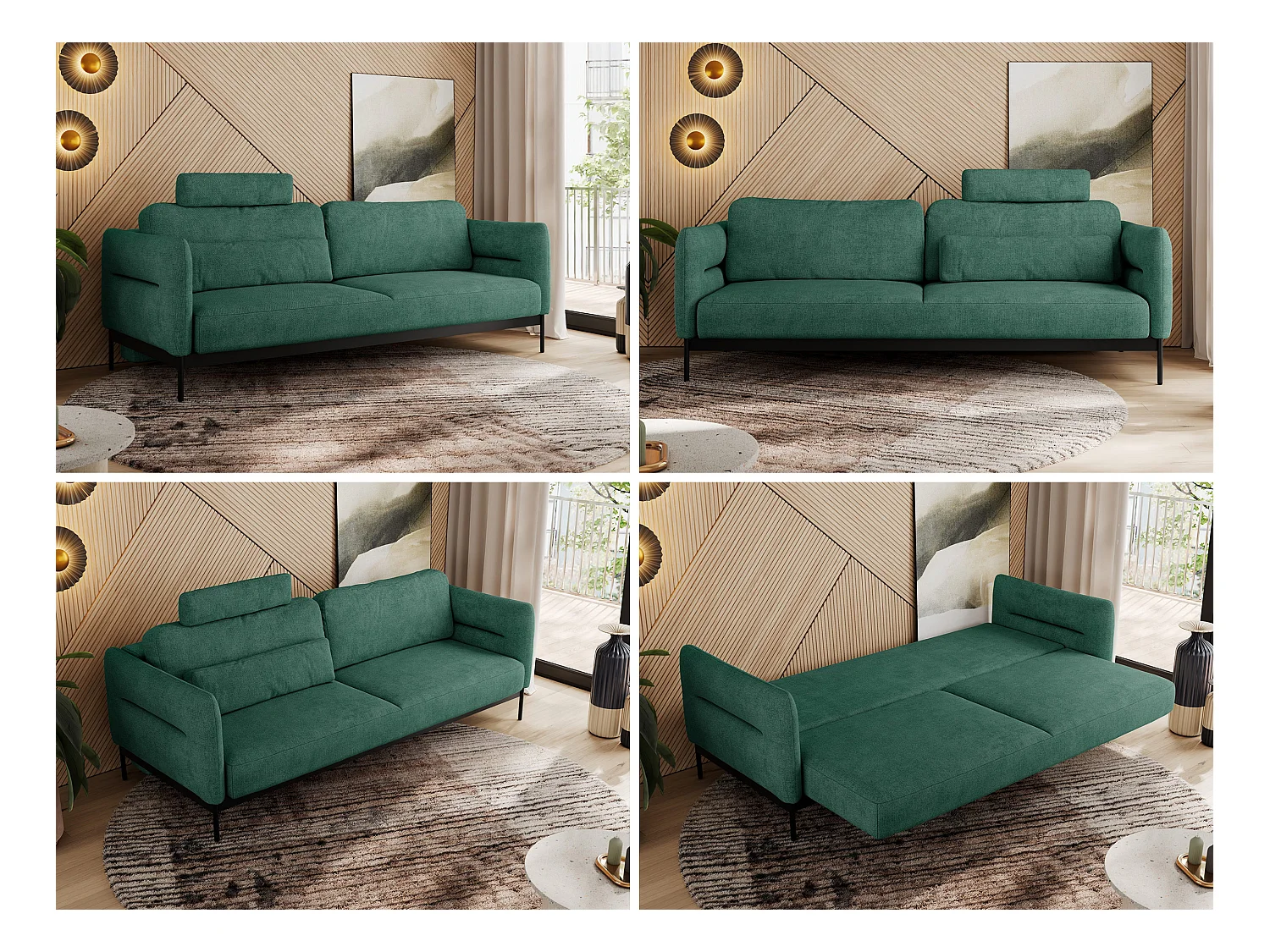 Sofa SALENTO - 3-Sitzer mit Metallbeine, mobile Kopfstütze, Schlafsofa mit lose Kissen - Grün Strukture