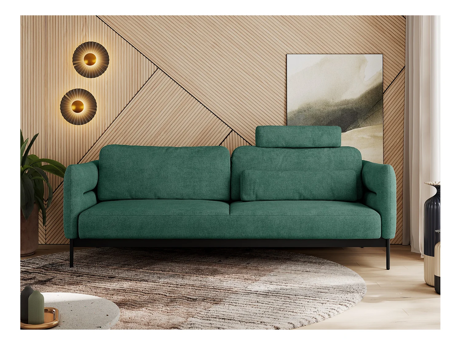 Sofa SALENTO - 3-Sitzer mit Metallbeine, mobile Kopfstütze, Schlafsofa mit lose Kissen - Grün Strukture