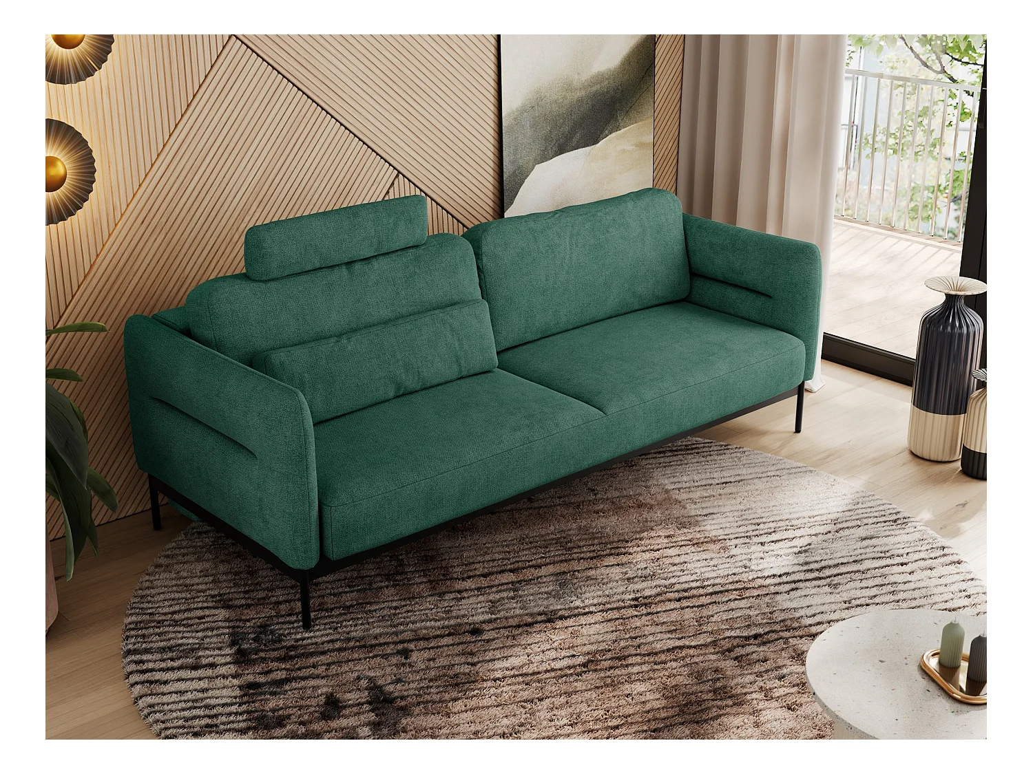 Sofa SALENTO - 3-Sitzer mit Metallbeine, mobile Kopfstütze, Schlafsofa mit lose Kissen - Grün Strukture
