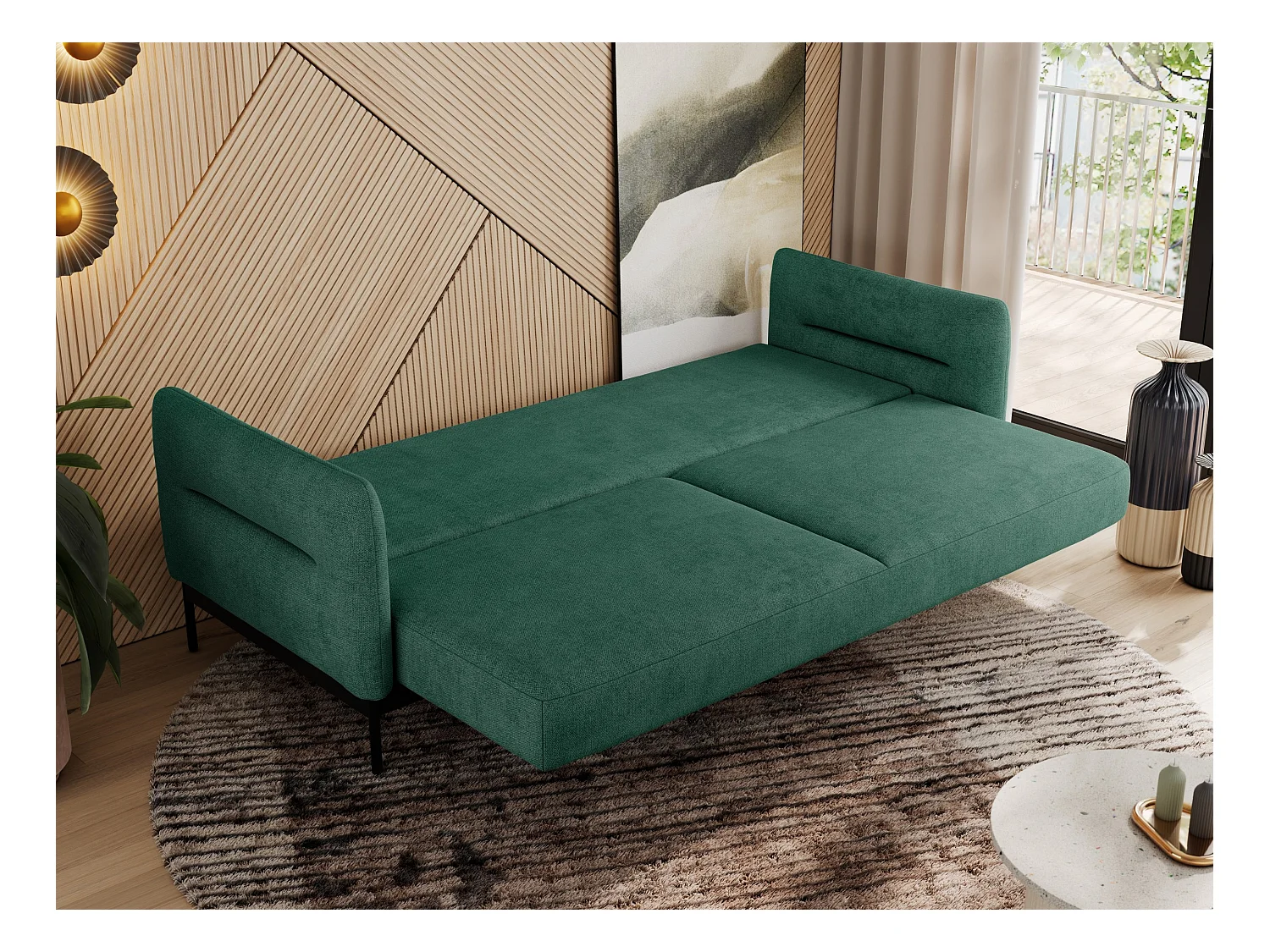 Sofa SALENTO - 3-Sitzer mit Metallbeine, mobile Kopfstütze, Schlafsofa mit lose Kissen - Grün Strukture