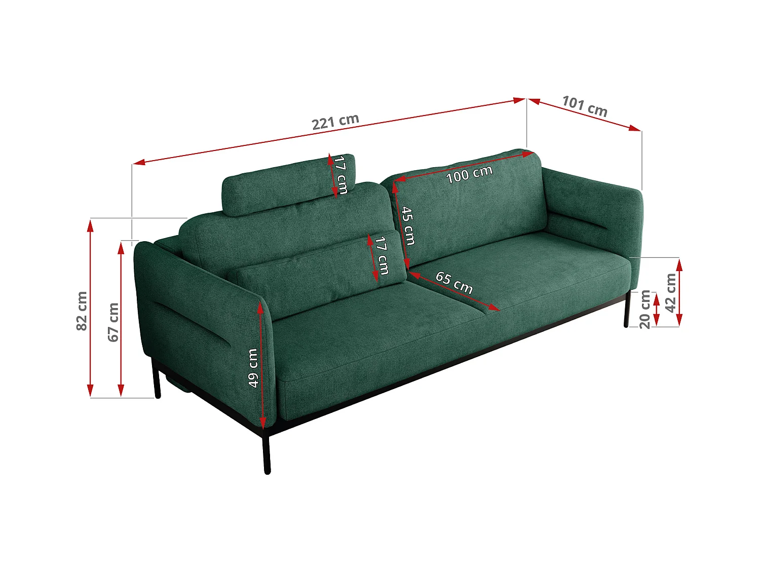 Sofa SALENTO - 3-Sitzer mit Metallbeine, mobile Kopfstütze, Schlafsofa mit lose Kissen - Grün Strukture