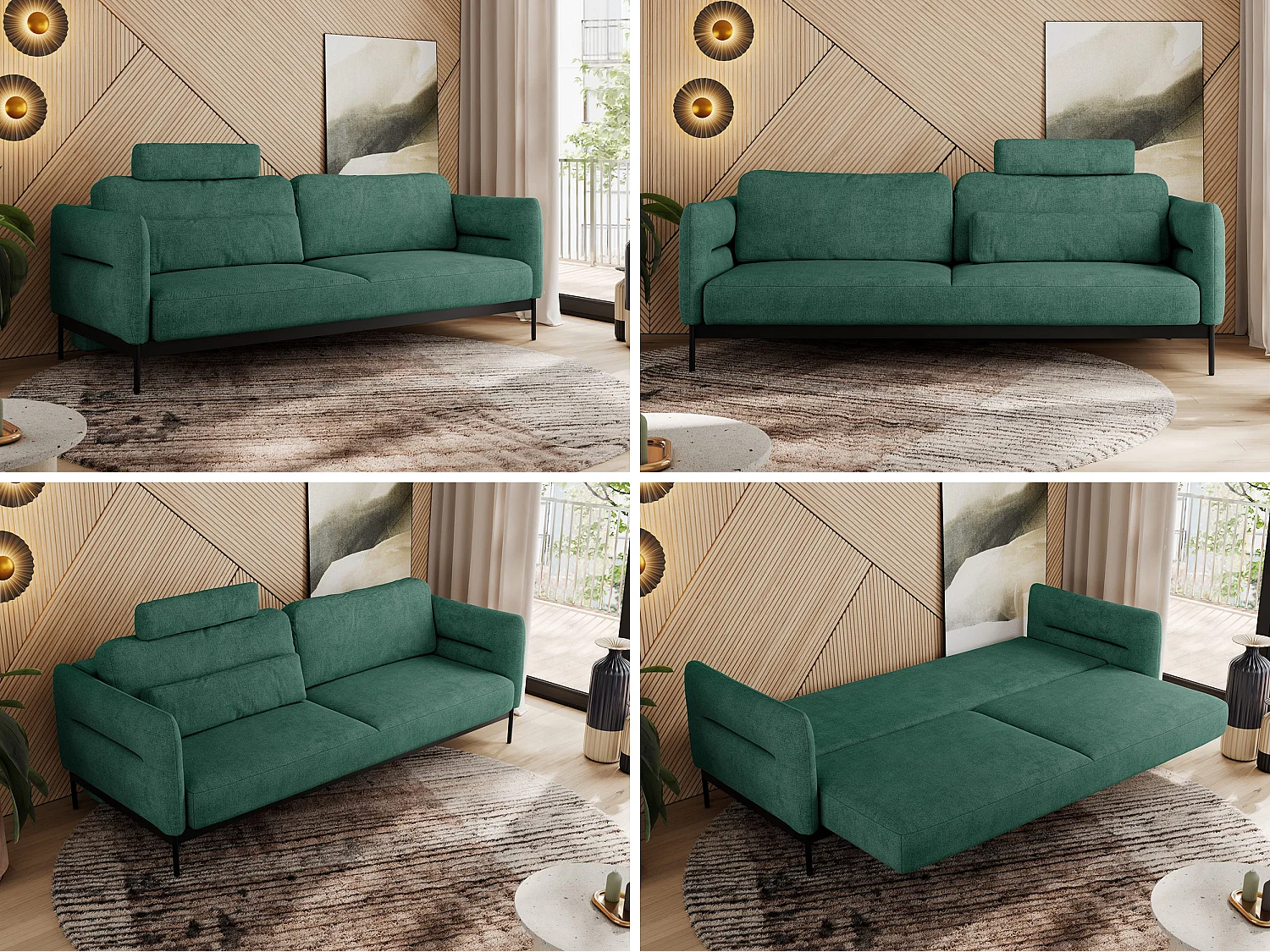 Sofa SALENTO - 3-Sitzer mit Metallbeine, mobile Kopfstütze, Schlafsofa mit lose Kissen - Grün Strukture