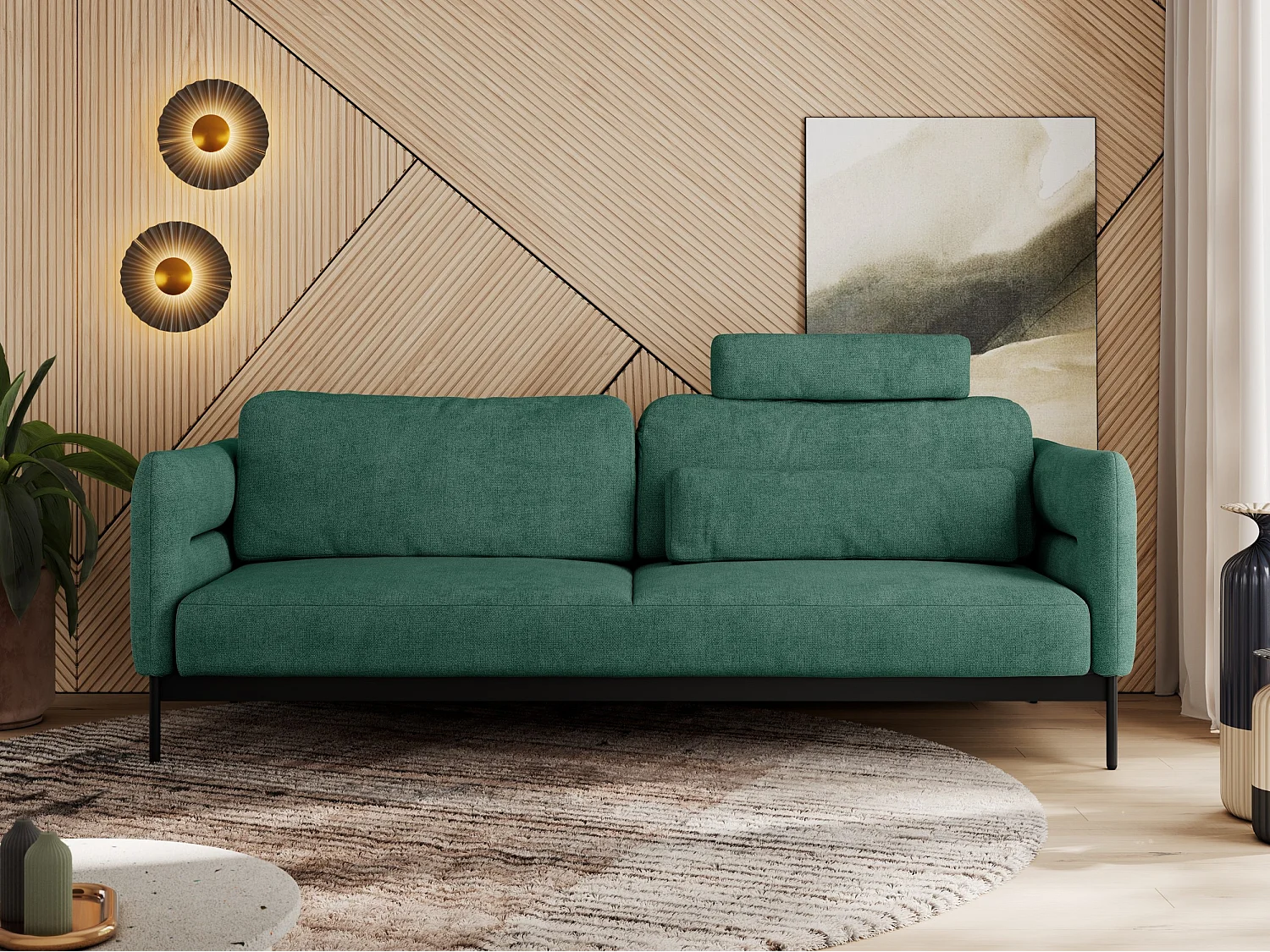 Sofa SALENTO - 3-Sitzer mit Metallbeine, mobile Kopfstütze, Schlafsofa mit lose Kissen - Grün Strukture