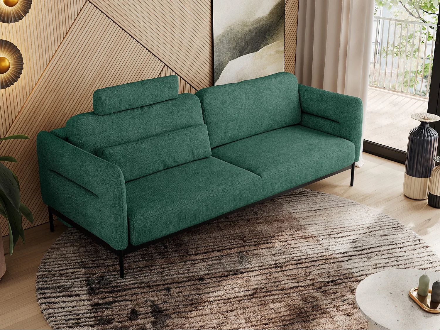 Sofa SALENTO - 3-Sitzer mit Metallbeine, mobile Kopfstütze, Schlafsofa mit lose Kissen - Grün Strukture