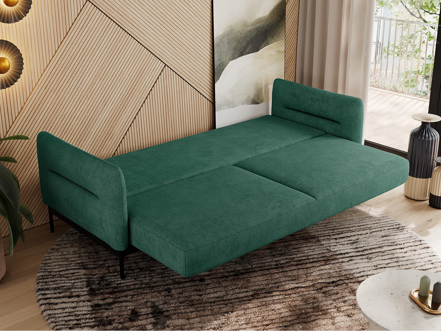 Sofa SALENTO - 3-Sitzer mit Metallbeine, mobile Kopfstütze, Schlafsofa mit lose Kissen - Grün Strukture